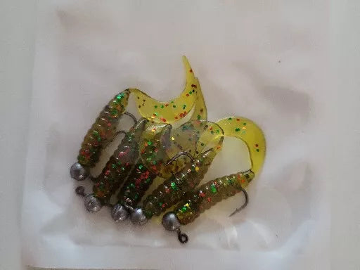 5 Curly Tail Fishing Baits soft worm Grubs Chub Perch Pike lure + Free Jig Head