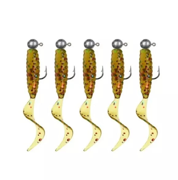 5 Curly Tail Fishing Baits soft worm Grubs Chub Perch Pike lure + Free Jig Head